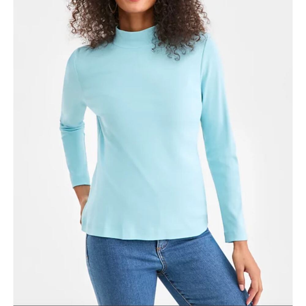 Style & Co Women's Cotton Mock-Neck Long-Sleeve Tee Blue M